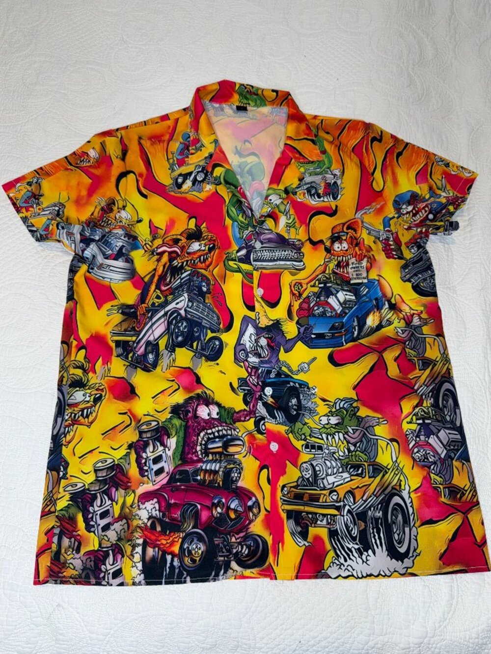 Hot Rod Graphic Button‑Up Shirt – L – Monster Car Print